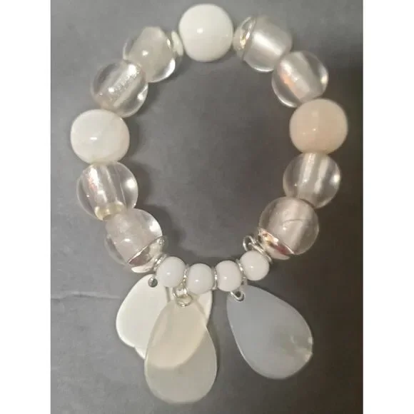 CHICOS Necklace & Bracelet Set Resin White Seaglass Drops w/ Cording White Beads - Picture 4 of 10